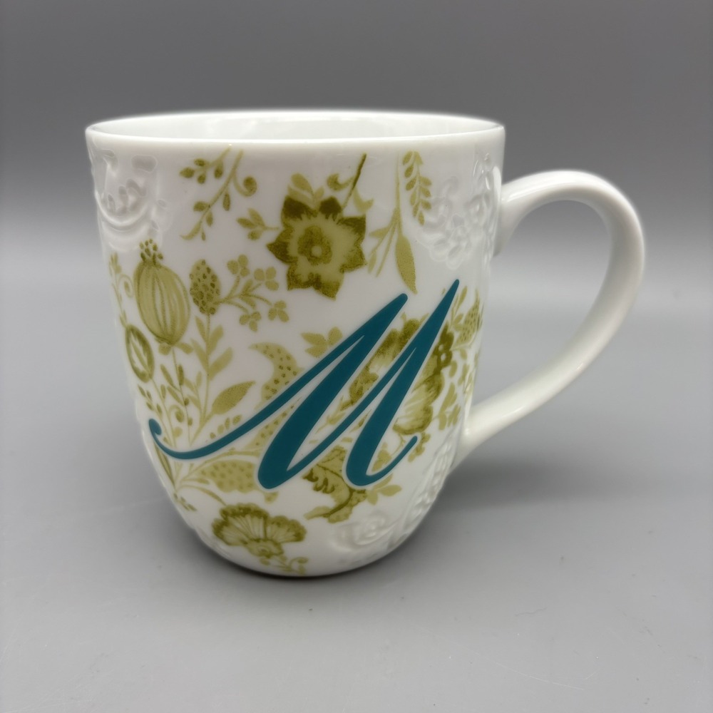 Pier 1 Imports Coffee Mug Ava Floral Initial M Cup Porcelain Blue Green Textured